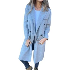 image:imageCHARTOU Womens DoubleBreasted Long Trench Pea Coat Woolen Notch Collar Tweed Jacket Overcoat with PocketsGrey