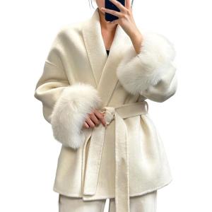image:imageCHARTOU Womens Elegant Belted Wool Jacket Winter Warp Pea Coat Petite Open Front Midi OvercoatBeige