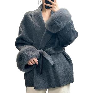 image:imageCHARTOU Womens Elegant Belted Wool Jacket Winter Warp Pea Coat Petite Open Front Midi OvercoatBlack