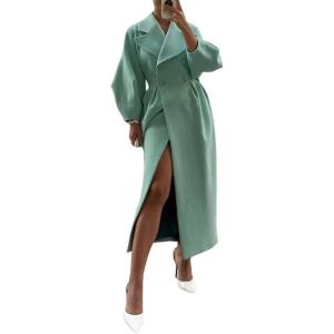 image:imageCHARTOU Womens Elegant Lapel Collar PrincessCore DoubleBreasted Wool Blend Trench OvercoatGreen