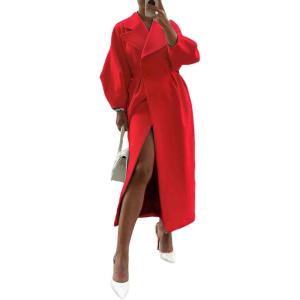 image:imageCHARTOU Womens Elegant Lapel Collar PrincessCore DoubleBreasted Wool Blend Trench OvercoatRed