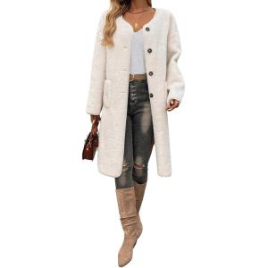image:imageCHARTOU Womens Fall Winter Button Down Trench Pea Coat Faux Fur Casual Fleece Jacket Pocketed Long OvercoatApricot