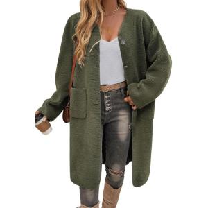 image:imageCHARTOU Womens Fall Winter Button Down Trench Pea Coat Faux Fur Casual Fleece Jacket Pocketed Long OvercoatArmy Green
