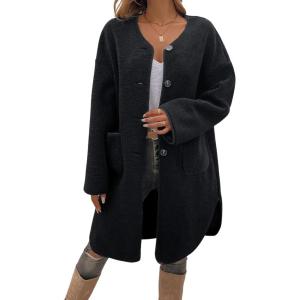 image:imageCHARTOU Womens Fall Winter Button Down Trench Pea Coat Faux Fur Casual Fleece Jacket Pocketed Long OvercoatBlack