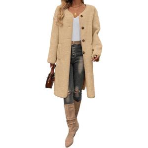 image:imageCHARTOU Womens Fall Winter Button Down Trench Pea Coat Faux Fur Casual Fleece Jacket Pocketed Long OvercoatKhaki