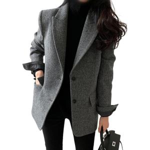 image:imageCHARTOU Womens Fall Winter Casual Business Blazer Jacket Woolen Tweed Pea Coat Office Notched Wool OvercoatGrey