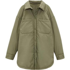 image:imageCHARTOU Womens Insulated Padded Quilted Button Down Shirt Jacket Overcoat with PocketArmy Green
