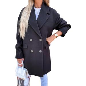 image:imageCHARTOU Womens Oversized Wool Blend Tailored Collar Double Breasted Trench Coat OvercoatBlack