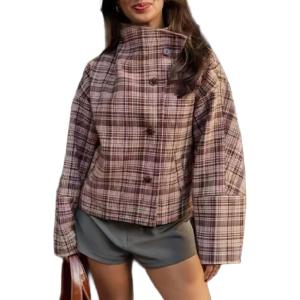 image:imageCHARTOU Womens Plaid Cropped Pea Coat Wool Stand Collar Winter Trench Coat Fall Short JacketBurgundy