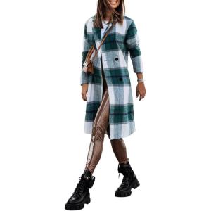 image:imageCHARTOU Womens Plaid Wool Blend Double Breasted Midi Long Trench Coat OvercoatGreen