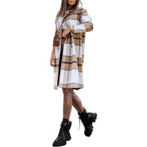 image:imageCHARTOU Womens Plaid Wool Blend Double Breasted Midi Long Trench Coat OvercoatKhaki