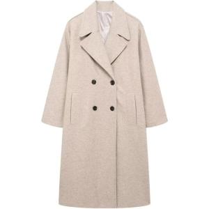image:imageCHARTOU Womens Winter Double Breasted Tweed Pea Coat Trench Oversized Notch Lapel Long Jacket Overcoat WarmKhaki