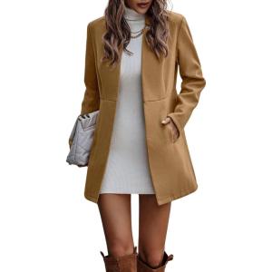 image:imageCHARTOU Womens Winter Mid Long Tweed Trench Coat Slim Cinched Waist Peacoat Notched Lapel Overcoat FallKhaki