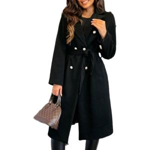 image:imageCHARTOU Womens Winter Wool Long Pea Coat Notch Lapel Double Breasted Classy Tweed Overcoat with BeltBlack