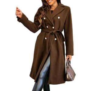 image:imageCHARTOU Womens Winter Wool Long Pea Coat Notch Lapel Double Breasted Classy Tweed Overcoat with BeltCoffee