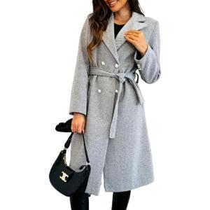 image:imageCHARTOU Womens Winter Wool Long Pea Coat Notch Lapel Double Breasted Classy Tweed Overcoat with BeltGrey