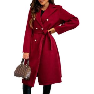 image:imageCHARTOU Womens Winter Wool Long Pea Coat Notch Lapel Double Breasted Classy Tweed Overcoat with BeltRed