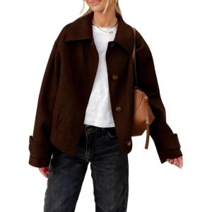 image:imageCHARTOU Womens Wool Blend Short Jacket Oversized Lapel Bottons Cropped Pea Coat Winter OutwearCoffee