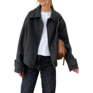 image:imageCHARTOU Womens Wool Blend Short Jacket Oversized Lapel Bottons Cropped Pea Coat Winter OutwearDark Grey