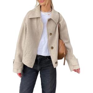 image:imageCHARTOU Womens Wool Blend Short Jacket Oversized Lapel Bottons Cropped Pea Coat Winter OutwearKhaki