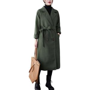 image:imageCHARTOU Womens Wool Blend Trench Coat Notched Lapel Double Breasted Wrap Overcoat with BeltArmy Green