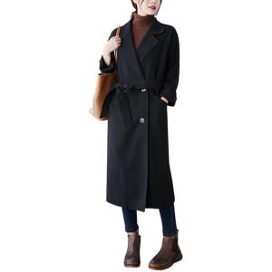 image:imageCHARTOU Womens Wool Blend Trench Coat Notched Lapel Double Breasted Wrap Overcoat with BeltBlack