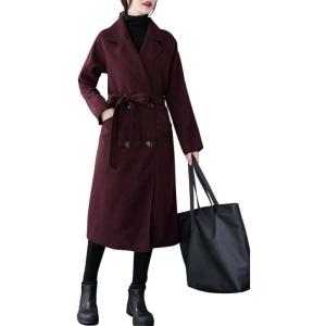 image:imageCHARTOU Womens Wool Blend Trench Coat Notched Lapel Double Breasted Wrap Overcoat with BeltNavy