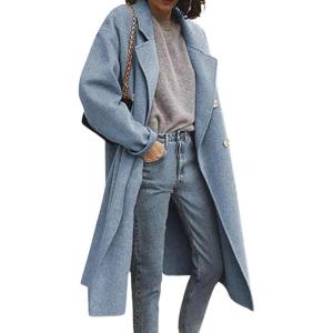 image:imageCHARTOU Womens Woolen Overcoat Notched Lapel Double Breasted Oversized Wool Blend Trench CoatBlue