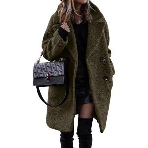 image:imageFuzzy Sherpa Fleece Jacket Women Winter Coat Lapel Warm Trench Coat Teddy Button Down Sherpa CoatArmy Green