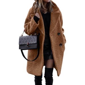 image:imageFuzzy Sherpa Fleece Jacket Women Winter Coat Lapel Warm Trench Coat Teddy Button Down Sherpa CoatCaramel