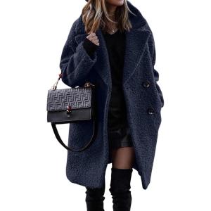 image:imageFuzzy Sherpa Fleece Jacket Women Winter Coat Lapel Warm Trench Coat Teddy Button Down Sherpa CoatNavy