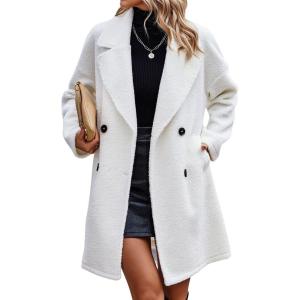 image:imageFuzzy Sherpa Fleece Jacket Women Winter Coat Lapel Warm Trench Coat Teddy Button Down Sherpa CoatWhite