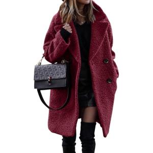 image:imageFuzzy Sherpa Fleece Jacket Women Winter Coat Lapel Warm Trench Coat Teddy Button Down Sherpa CoatWine Red