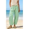 image:imageCHARTOU Plaid Barrel Pants for Women Summer Drawstring Cotton Linen Wide Leg Beach Travel Vacation PantsGreen