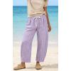 image:imageCHARTOU Plaid Barrel Pants for Women Summer Drawstring Cotton Linen Wide Leg Beach Travel Vacation PantsPurple