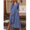 image:imageCHARTOU Women Cotton Linen Long Sleeve Maxi Dress Pockets Button Up Ruffle A Line Long Dress Flowy Swing DressDark Blue