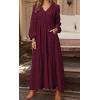 image:imageCHARTOU Women Cotton Linen Long Sleeve Maxi Dress Pockets Button Up Ruffle A Line Long Dress Flowy Swing DressWine Red