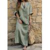 image:imageCHARTOU Women Cotton Linen Striped Dress Overall Casual Roll Up Long Sleeve Maxi Dress Kaftan Gauze Shift DressGreen