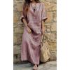 image:imageCHARTOU Women Cotton Linen Striped Dress Overall Casual Roll Up Long Sleeve Maxi Dress Kaftan Gauze Shift DressLight Red