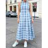 image:imageCHARTOU Women Plaid Long Dress Summer Elegant Lace Up Side Ruche Color Block Gingham Flowy DressBlue