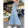 image:imageCHARTOU Women Plaid Long Dress Summer Elegant Lace Up Side Ruche Color Block Gingham Flowy DressBlue