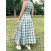 image:imageCHARTOU Women Plaid Long Dress Summer Elegant Lace Up Side Ruche Color Block Gingham Flowy DressGreen
