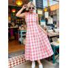 image:imageCHARTOU Women Plaid Long Dress Summer Elegant Lace Up Side Ruche Color Block Gingham Flowy DressPink