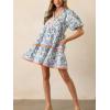 image:imageCHARTOU Women Puff Sleeve Striped Trim Floral Print Tiered Cute Babydoll Mini Dress with PocketsBlue
