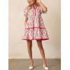 image:imageCHARTOU Women Puff Sleeve Striped Trim Floral Print Tiered Cute Babydoll Mini Dress with PocketsPink