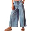 image:imageCHARTOU Women Seam Front Flare Wide Leg Cropped Jeans Baggy Ankle Patchwork Denim Palazzo Pants with PocketsBlue