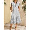image:imageCHARTOU Women Striped Maxi Dress Summer Vacation V Neck Flutter Sleeve High Waisted A Line Dress with PocketsBlack