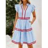 image:imageCHARTOU Women Striped Tiered Midi Dress Summer Flutter Sleeve High Waist A Line Ruffle Vacation Dress with PocketsLight Blue