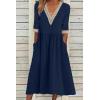 image:imageCHARTOU Women Summer Flowy Linen Dress Half Sleeve V Neck Lace Crochet Long Dress with PocketsNavy