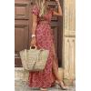 image:imageCHARTOU Women Summer Short Sleeve Boho Maxi Dress Flowy Long Summer Dress Floral V Neck Dress Hippie Beach SundressRed